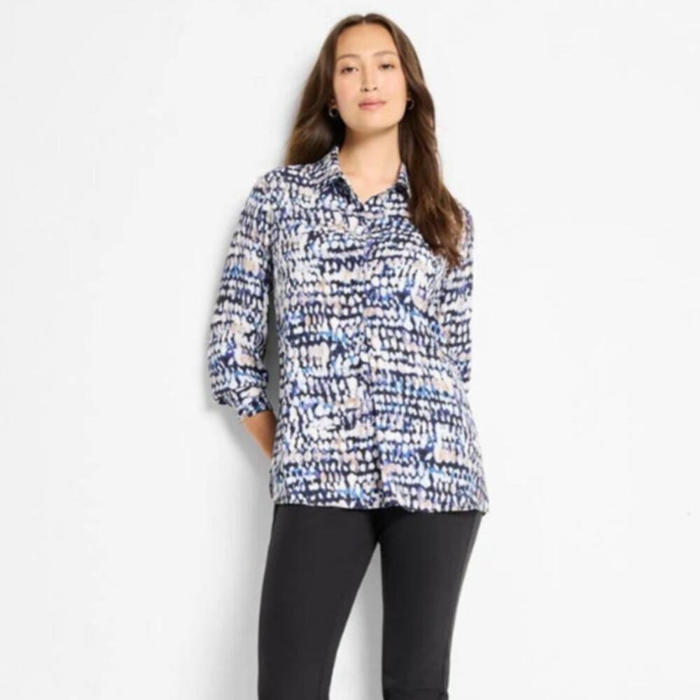 NIC+ZOE Harvest Dot Button Up Blouse Size L Black Neutral Long Sleeve